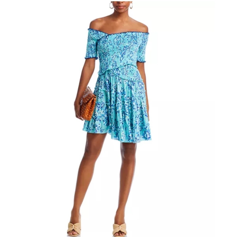 Poupette St Barth Soledad Blue Floral Smocked Off Shoulder Tiered Mini Dress XS